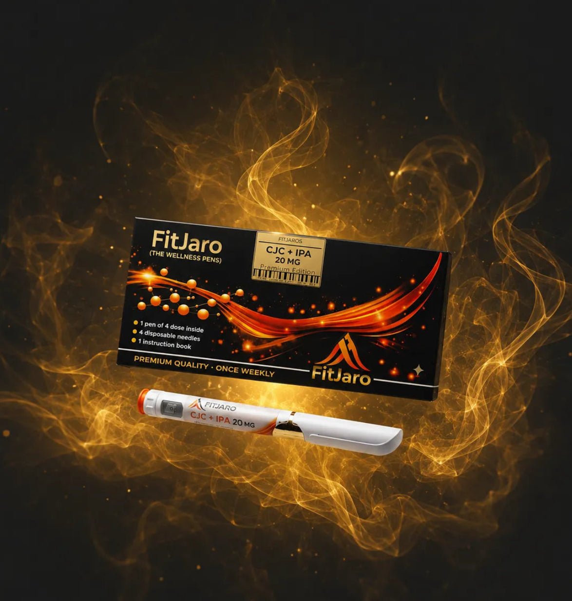 FitJaro CJC-141 20mg packaging box and a single white vial with a red and white label, presented against a dark background with dramatic golden smoke effects.